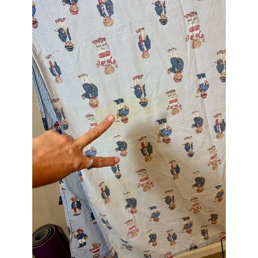 Vintage Ralph Lauren Polo Bear Queen‎ Flat Sheet Standard Pillowcase Blue Stripe